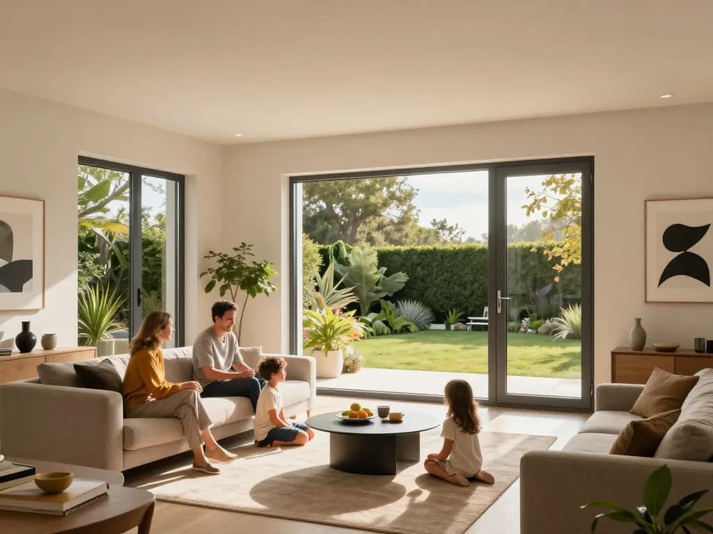 Fenster Schüco Fenster, die ein modernes Familienwohnzimmer mit stilvollem Dekor erhellen.