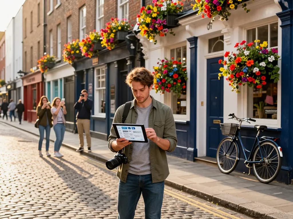 Airbnb management in Dublin with a local host reviewing listings outside a charming Georgian building.
