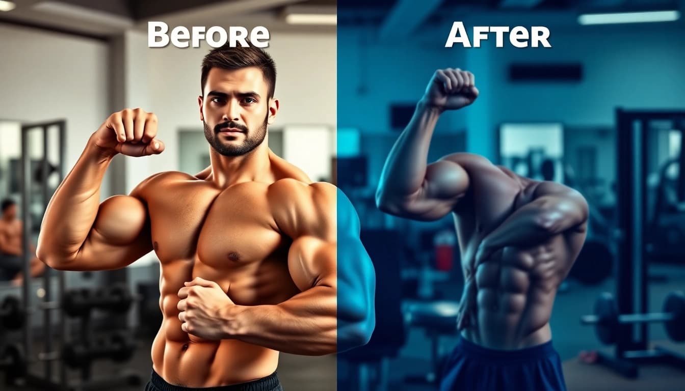 Testo vorher nachher zeigt die beeindruckende Transformation eines Bodybuilders.