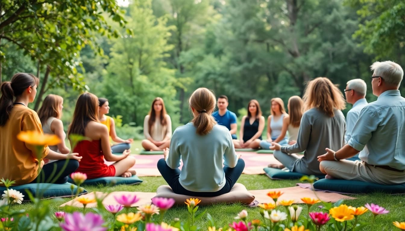 Erlebe Spirituelle Seminare inmitten einer friedlichen Naturkulisse mit meditativen Teilnehmern.