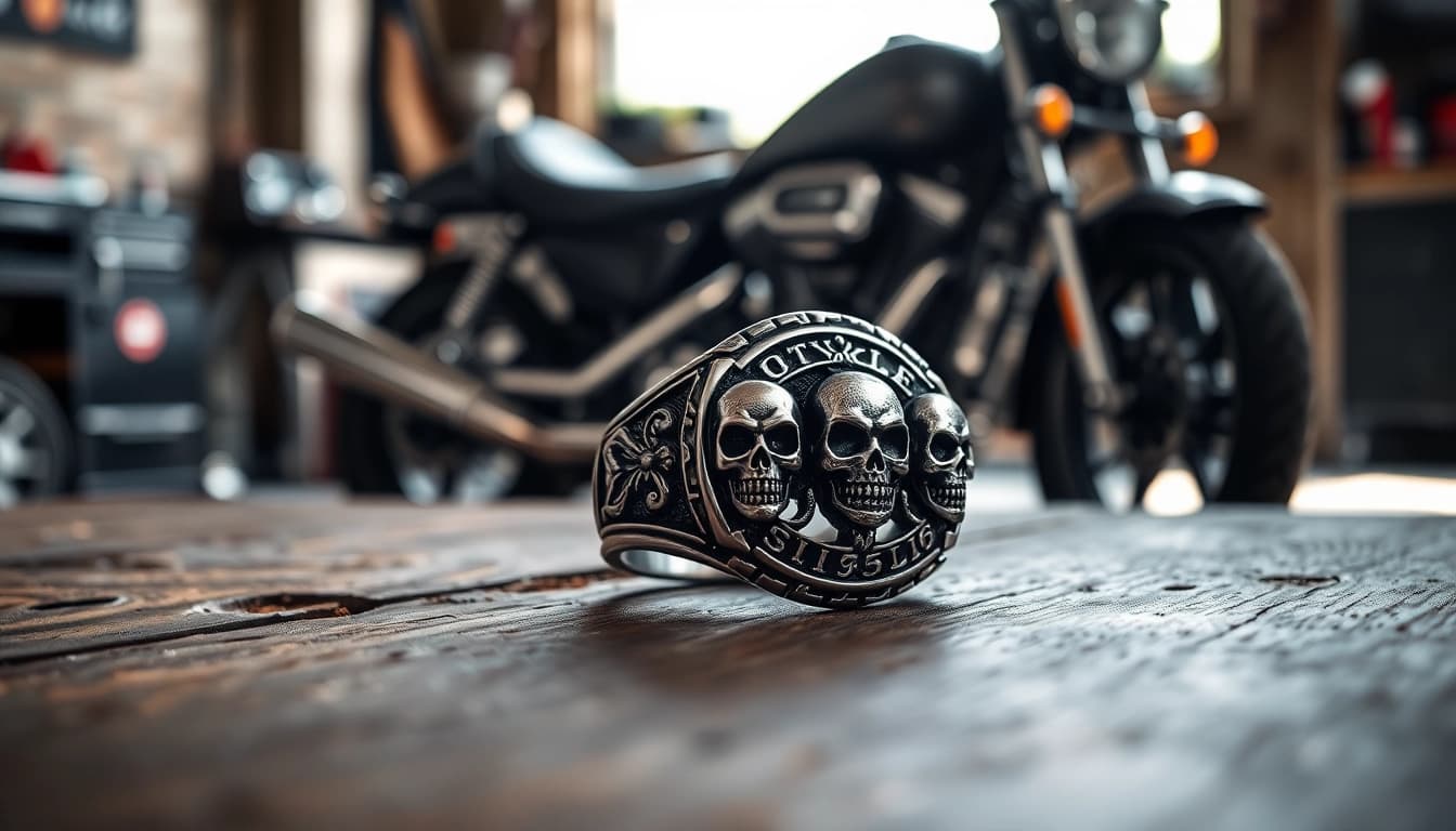 Stylish biker ring with detailed skull design on a rustic table.