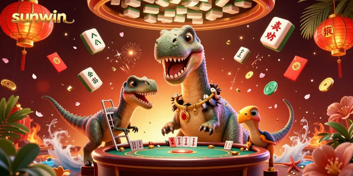 Experience sunwin's lively casino scene with a towering brontosaurus and a raptor dealer in action.