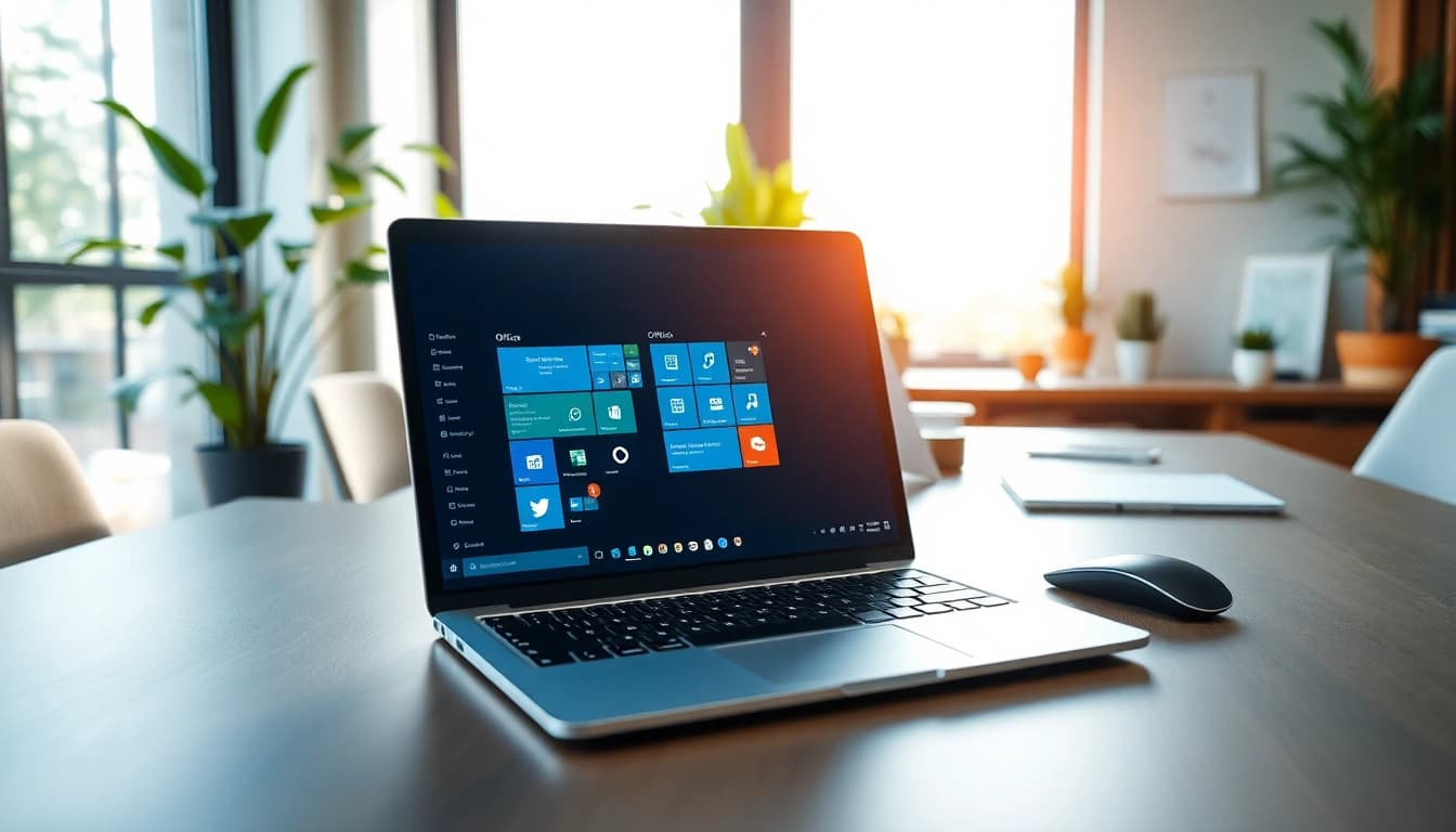 Verwenden Sie Office 2024 Deutsch im modernen Arbeitsumfeld mit Laptop und Pflanzen.