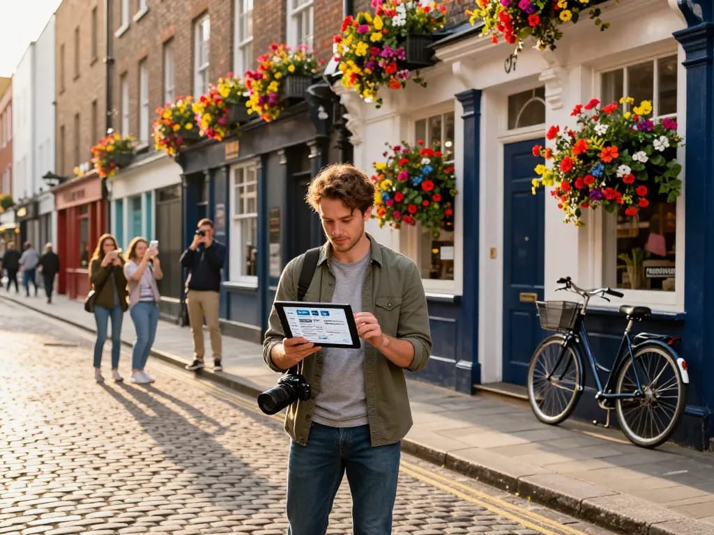 Airbnb management in Dublin with a local host reviewing listings outside a charming Georgian building.