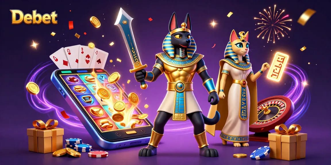 Engage with Debet slots and gaming in a vibrant ancient Egyptian-themed casino illustration.