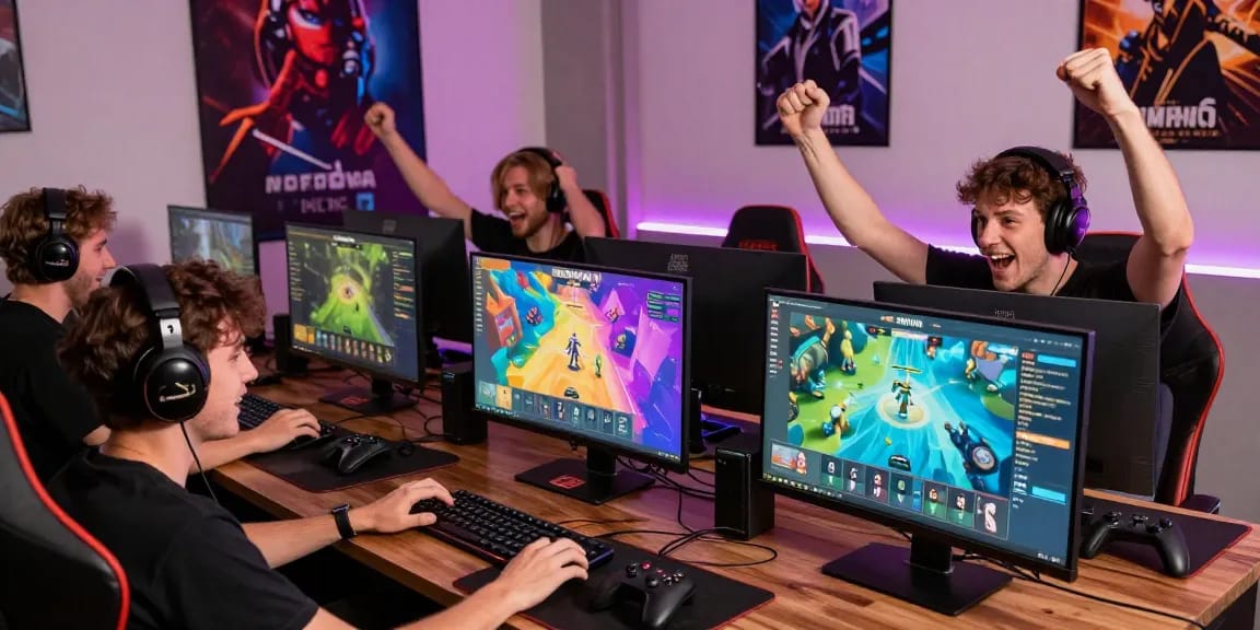 Enthusiastic players enjoying GEMWIN at home, showcasing vibrant gaming interfaces.