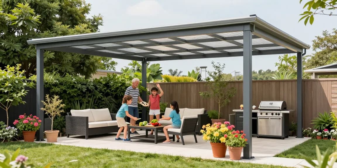 Terrassenüberdachung freistehend mit stilvollem Aluminium-Rahmen und fröhlicher Familie im Garten.