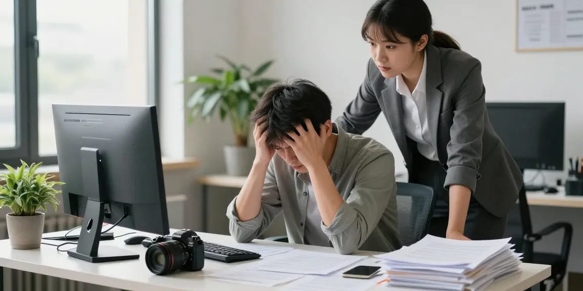 Mobbing durch den Chef: Mitarbeiter zeigt Stress vor dem Computer bei negativer Rückmeldung.