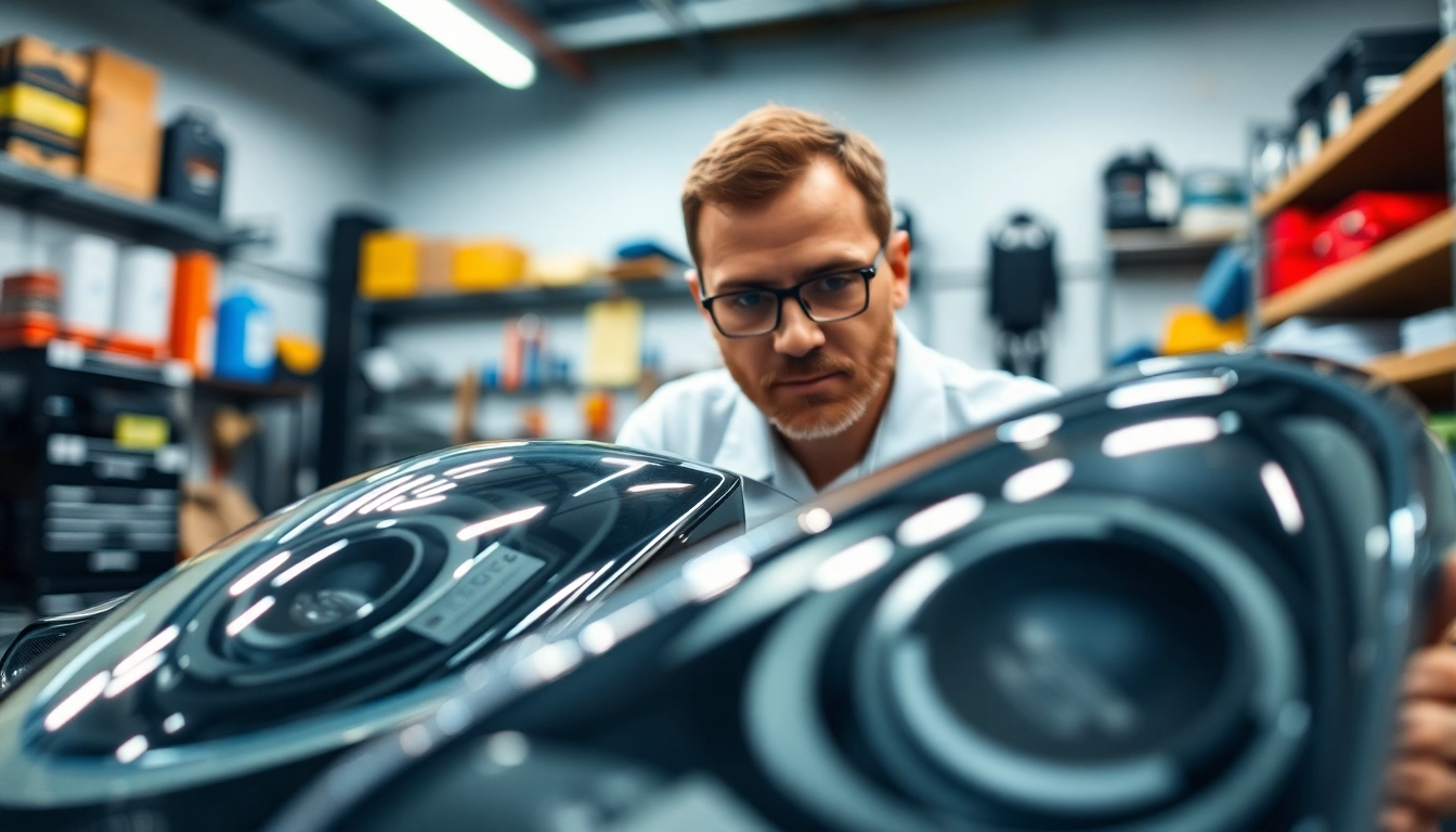 Die Auto Kufen werden von einem Experten in einer Werkstatt inspiziert.