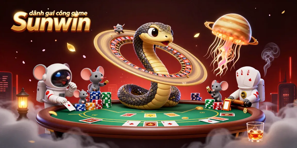 Experience đánh giá cổng game Sunwin through interactive gameplay with our cosmic characters in a vibrant casino scene.