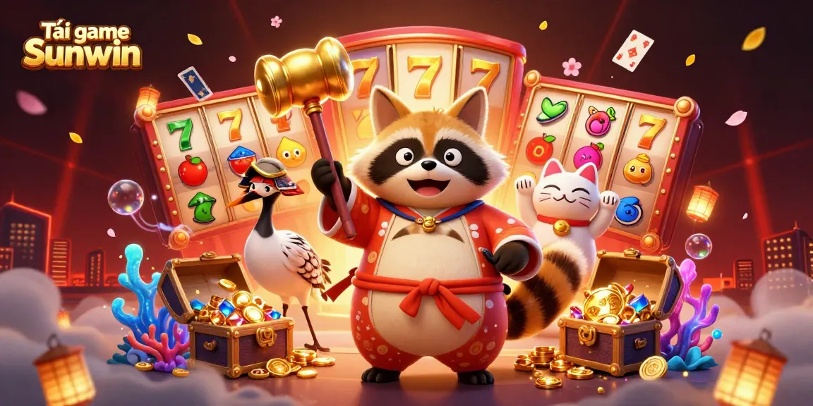 Tải game Sunwin with cheerful tanuki and vibrant casino-themed 3D illustration.