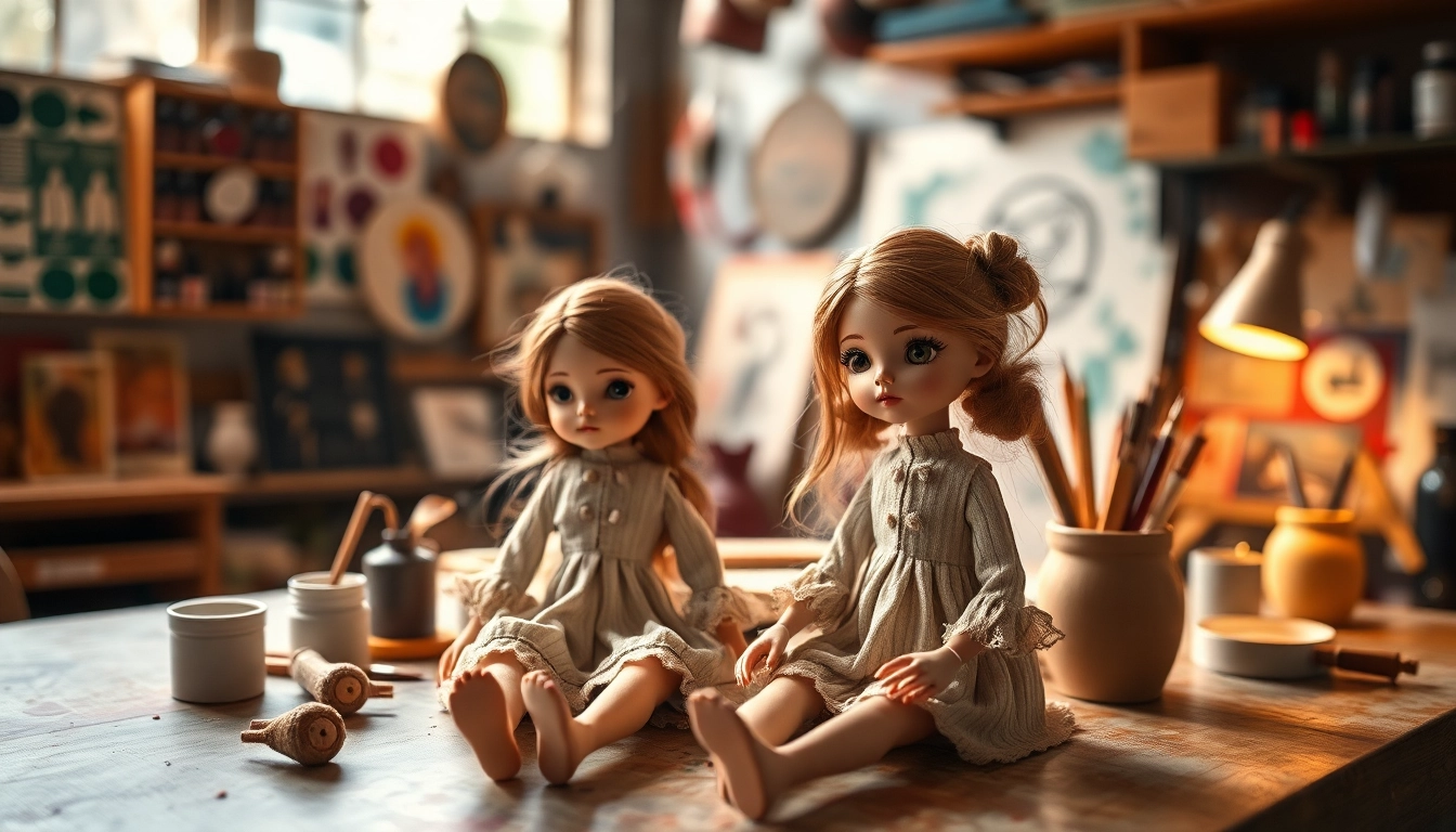 Gestalte einzigartige Gutdolls in einem künstlerischen Atelier mit warmem Licht.