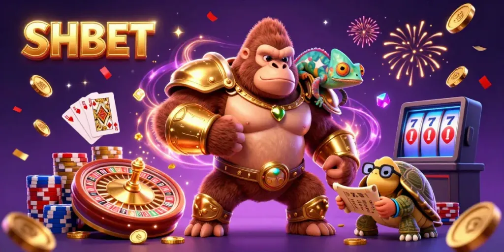 Experience the excitement at SHBET with vibrant casino characters amid flying coins and cards.