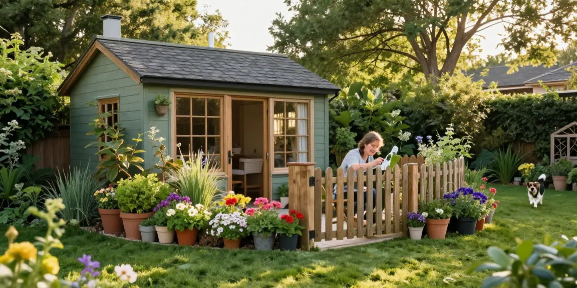 Gartenhaus umgeben von Blumen und Pflanzen, ein fröhlicher Mensch beim Streichen des Zauns in warmem Licht.