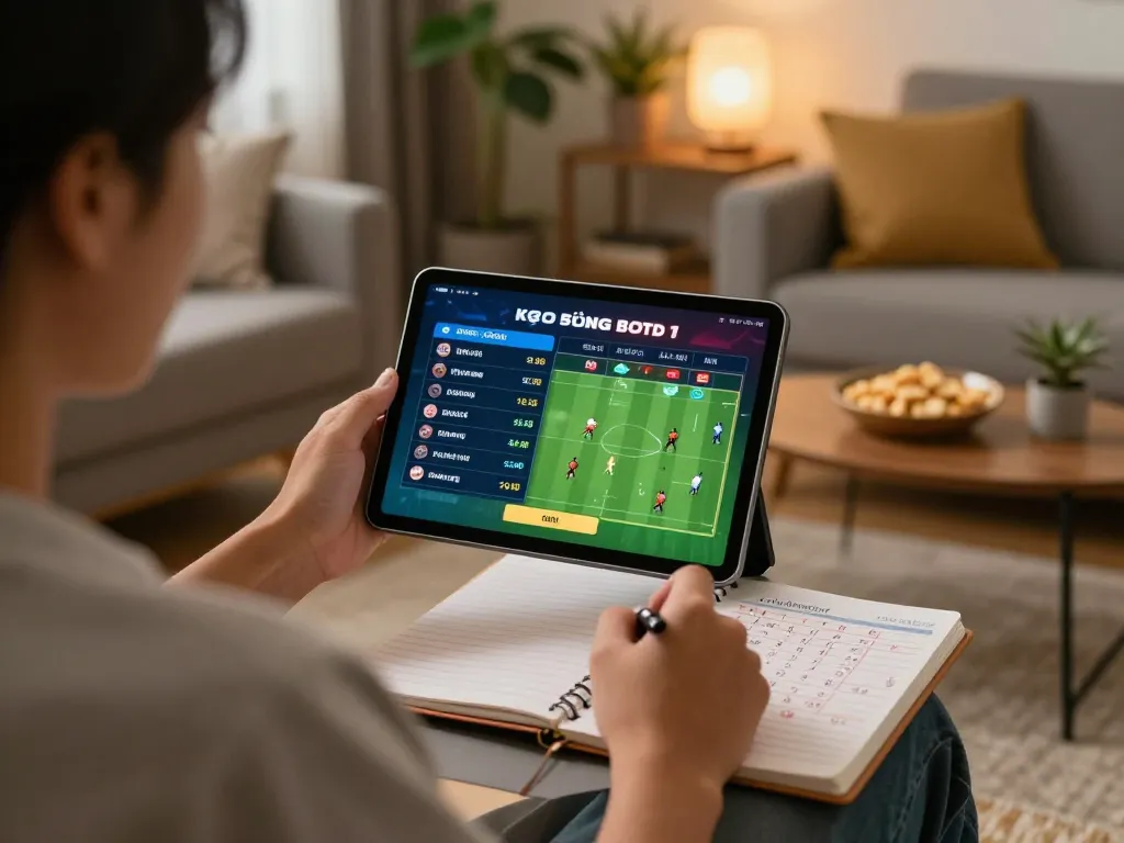 Engaging in kèo bóng đá trực tuyến sports betting at home, showcasing tablet interface with odds.