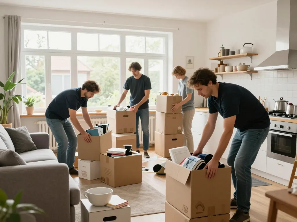 Entrümpelungsservice in Münster durch ein professionelles Team, das unordentliche Haushaltsgegenstände in Boxen organisiert.