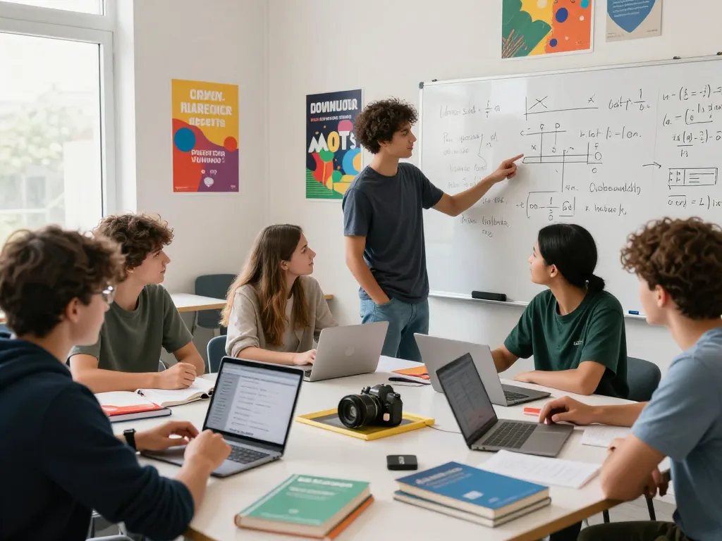 Schüler, die mit Hausaufgaben KI-Hilfe in einem hellen, ansprechenden Klassenzimmer zusammenarbeiten.