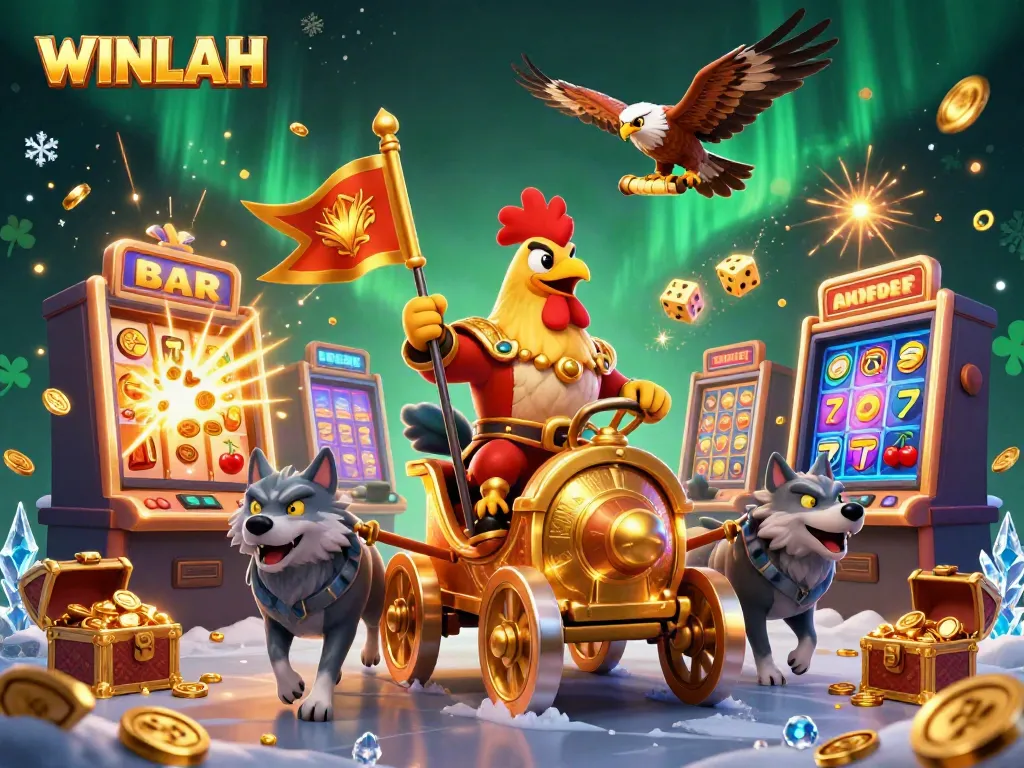 Experience WINLAH's vibrant casino world with a cartoon rooster warlord leading an exciting jackpot explosion.