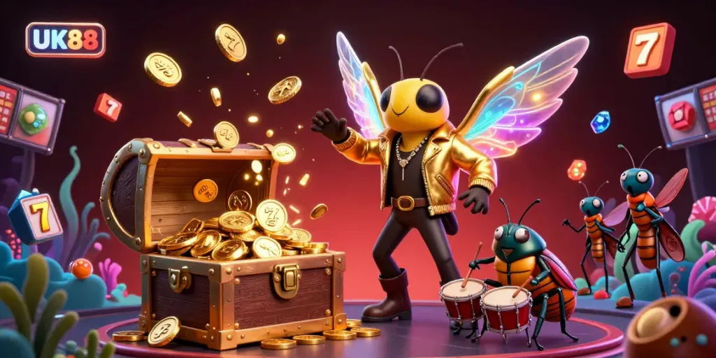 UK88 enhances gaming action with a vibrant 3D casino illustration featuring a cicada rock star and dynamic slot elements.