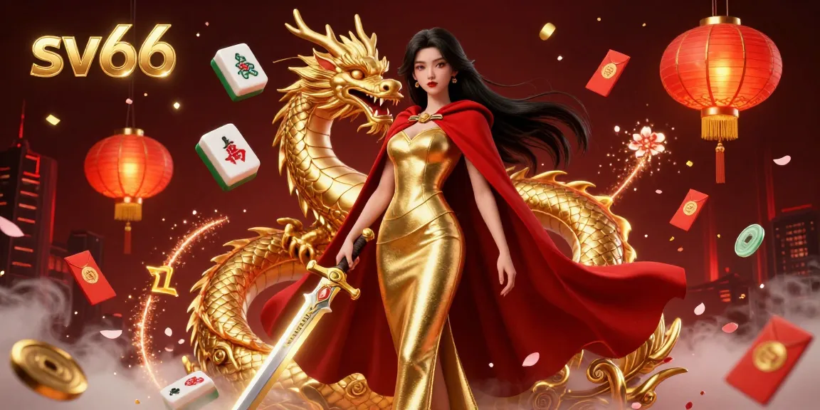 Experience thrilling gameplay on sv66, featuring Asian warrior queen and golden dragon amid casino elements.