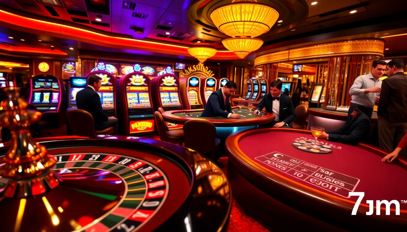 Exciting casino atmosphere featuring professional players and vibrant slot machines, emphasizing 7m gambling action.