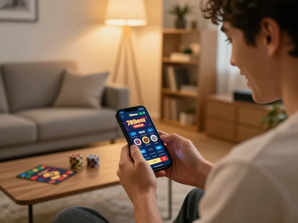 Engaging with the 789betpa casino app on a smartphone in a cozy home environment, reflecting online gaming excitement.