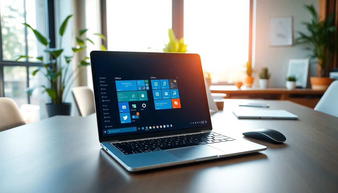 Verwenden Sie Office 2024 Deutsch im modernen Arbeitsumfeld mit Laptop und Pflanzen.