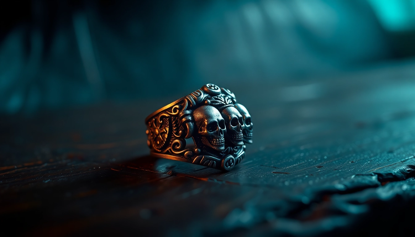 Faszinierender biker ring mit Totenkopf-Design auf rustikalem Holz, der die Motorradkultur verkörpert.