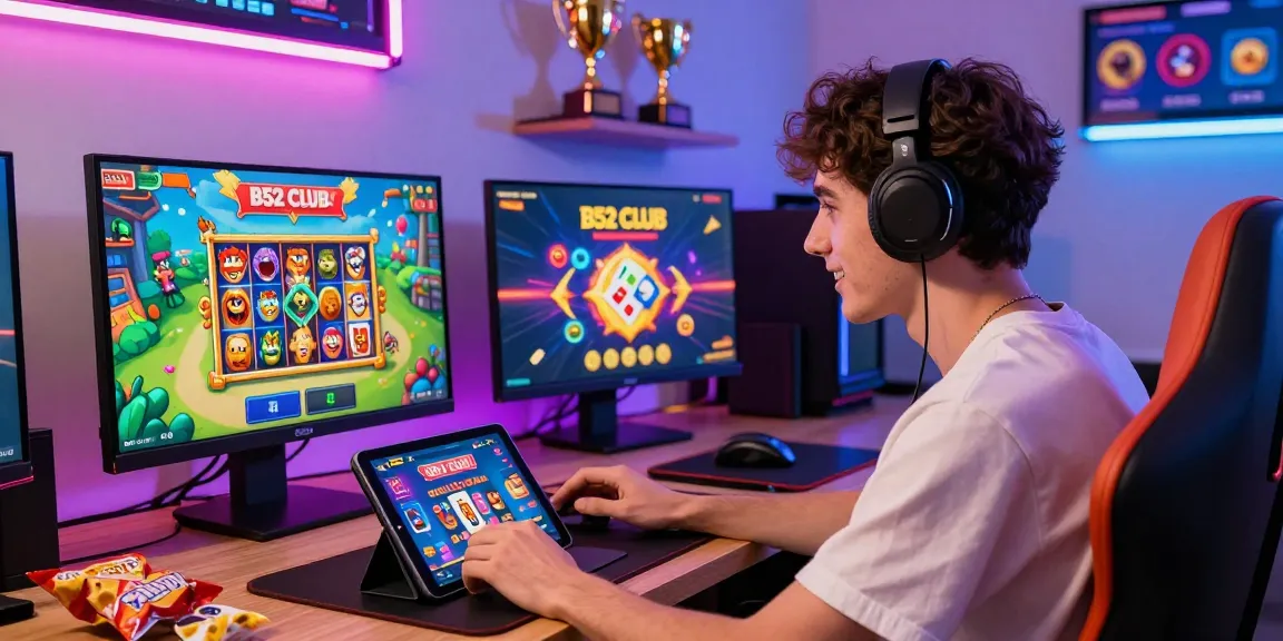 Vibrant online gaming scene at https://b52club.radio.fm/ with player engaging on tablet surrounded by game graphics.