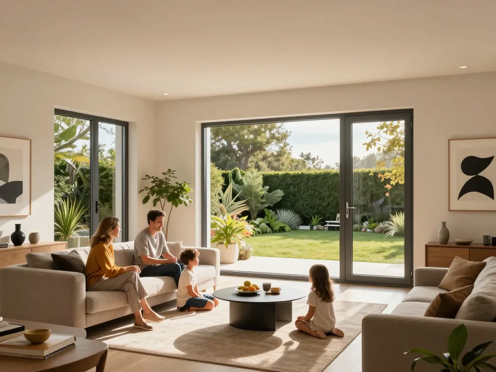 Fenster Schüco Fenster, die ein modernes Familienwohnzimmer mit stilvollem Dekor erhellen.