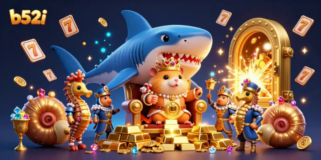 b52i engages players with a vibrant 3D gaming scene featuring a golden hamster king and treasures