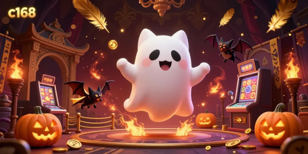 Engage with the thrilling c168 gaming spirit in a haunted casino scene rich with Halloween elements.