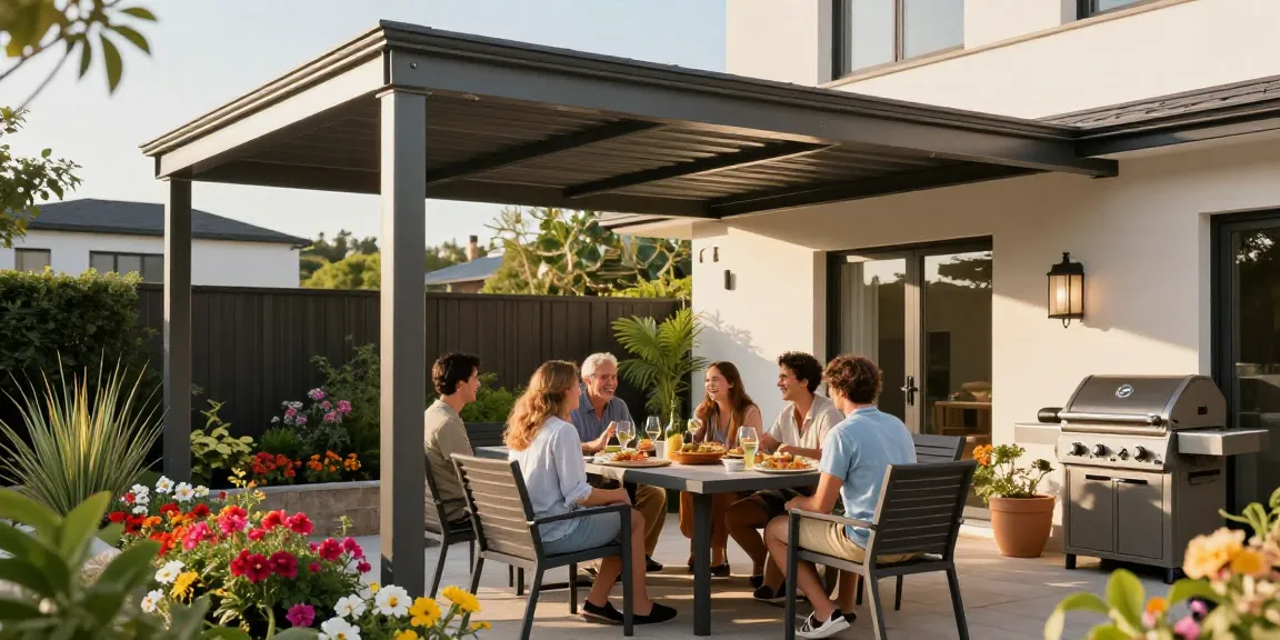 Terrassenüberdachungen bieten stilvollen Schutz für familiäre Mahlzeiten im Freien.
