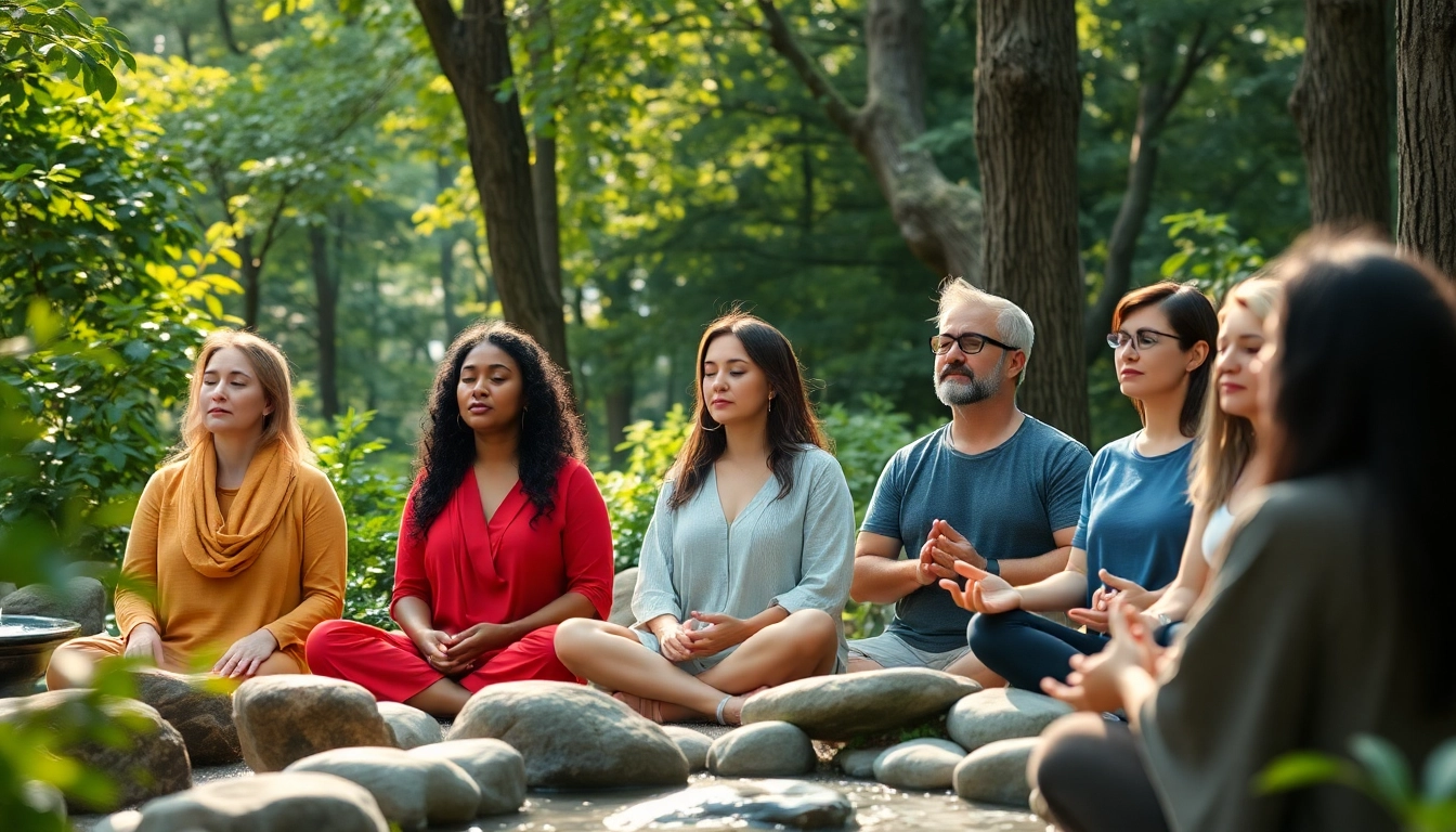Spirituelle Seminare - Participants engaged in meditation in a tranquil forest setting