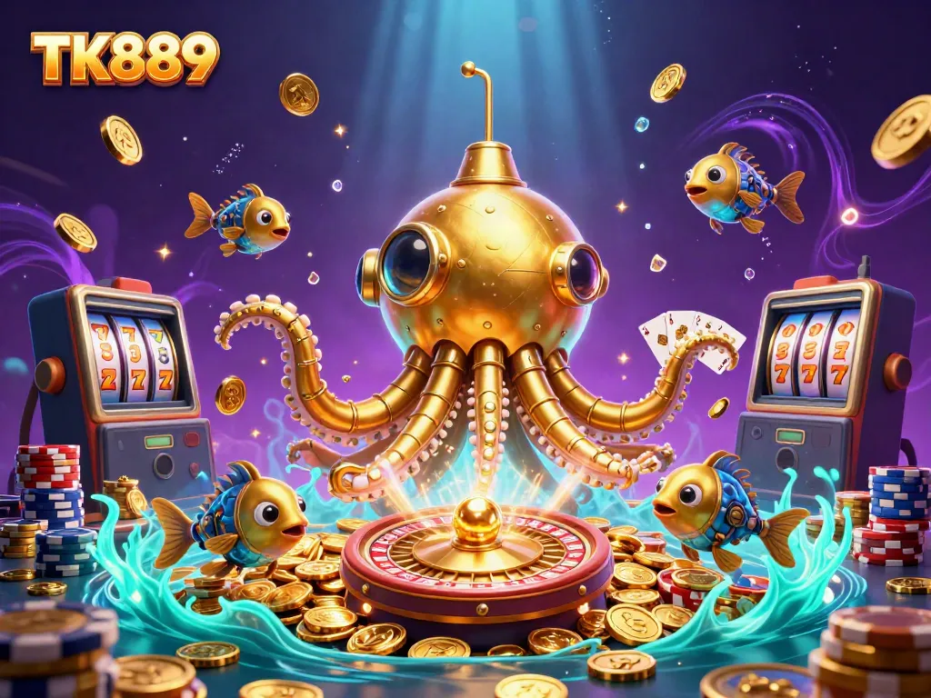 Experience thrilling gaming action with TK889's dynamic casino illustration featuring golden kraken and props.