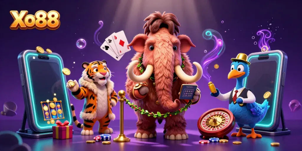 Xo88 captivating scene featuring a woolly mammoth bouncer, saber-tooth VIP, and dodo doorman welcoming players.