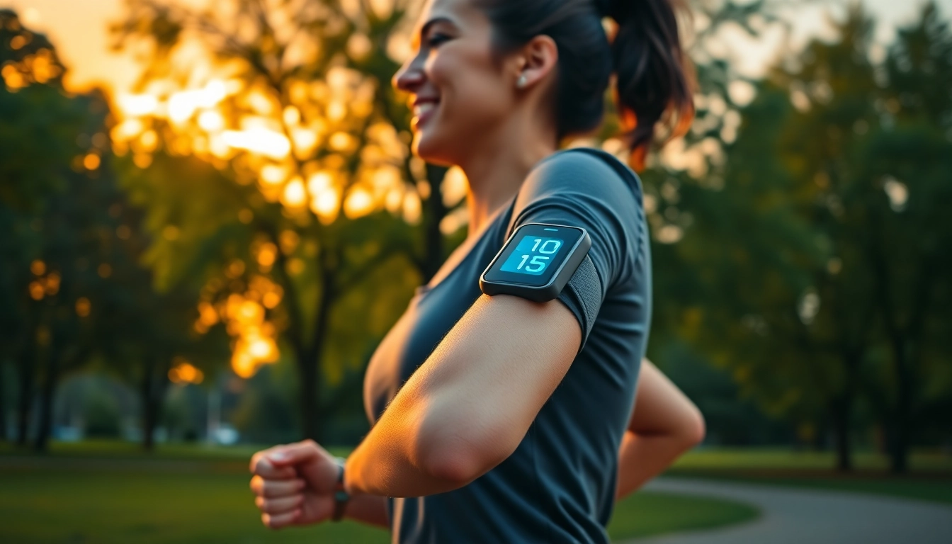 Fitness-Armband on an active woman jogging in a park, showcasing its sleek design.