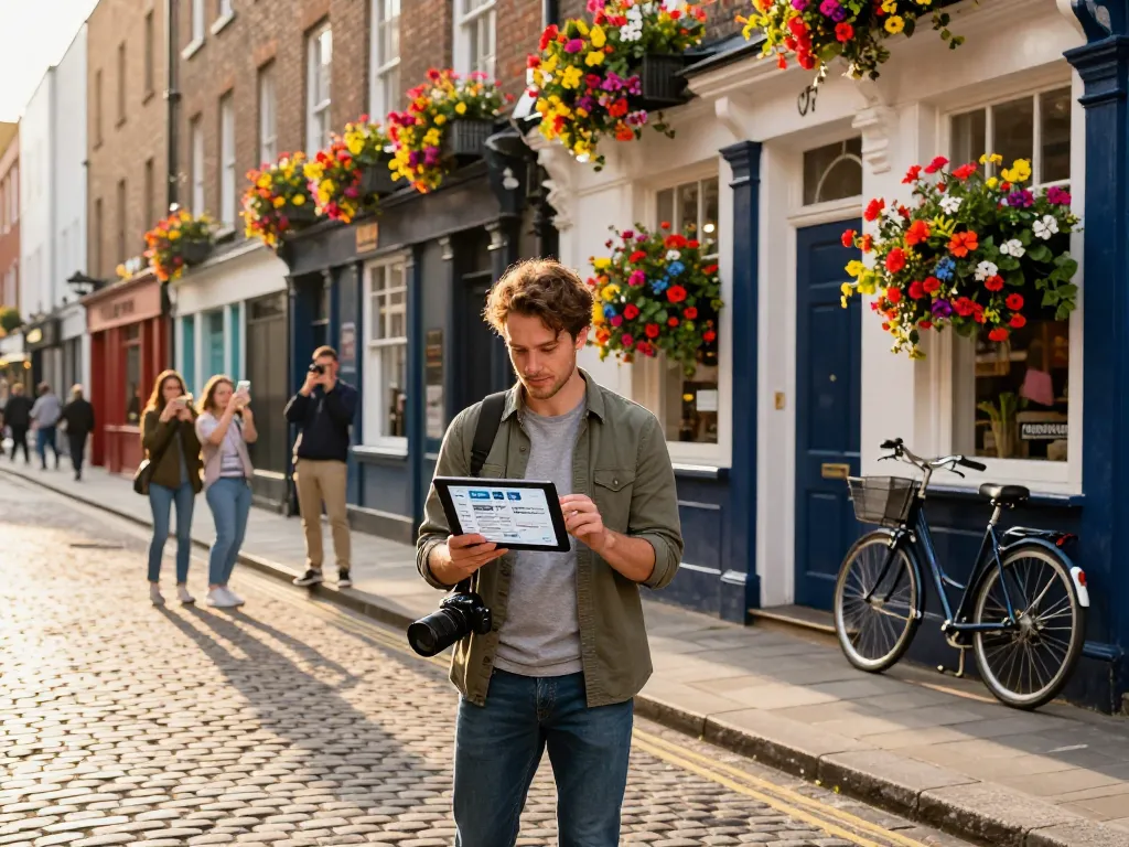 Airbnb management in Dublin with a local host reviewing listings outside a charming Georgian building.