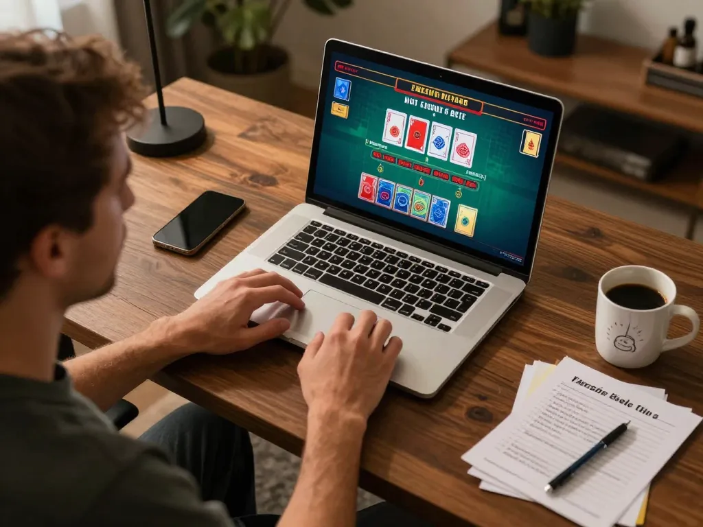 Engaging online gambling scene with player focused on cm88 baccarat game on laptop in stylish home office