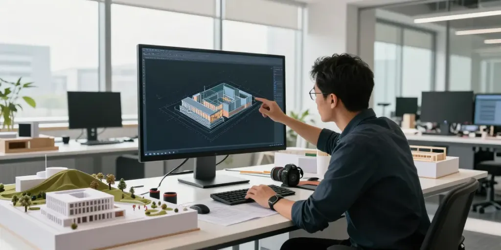 Modellbauer analysiert 3D Druck Architekturmodell in modernem Büro mit natürlichen Lichtquellen.