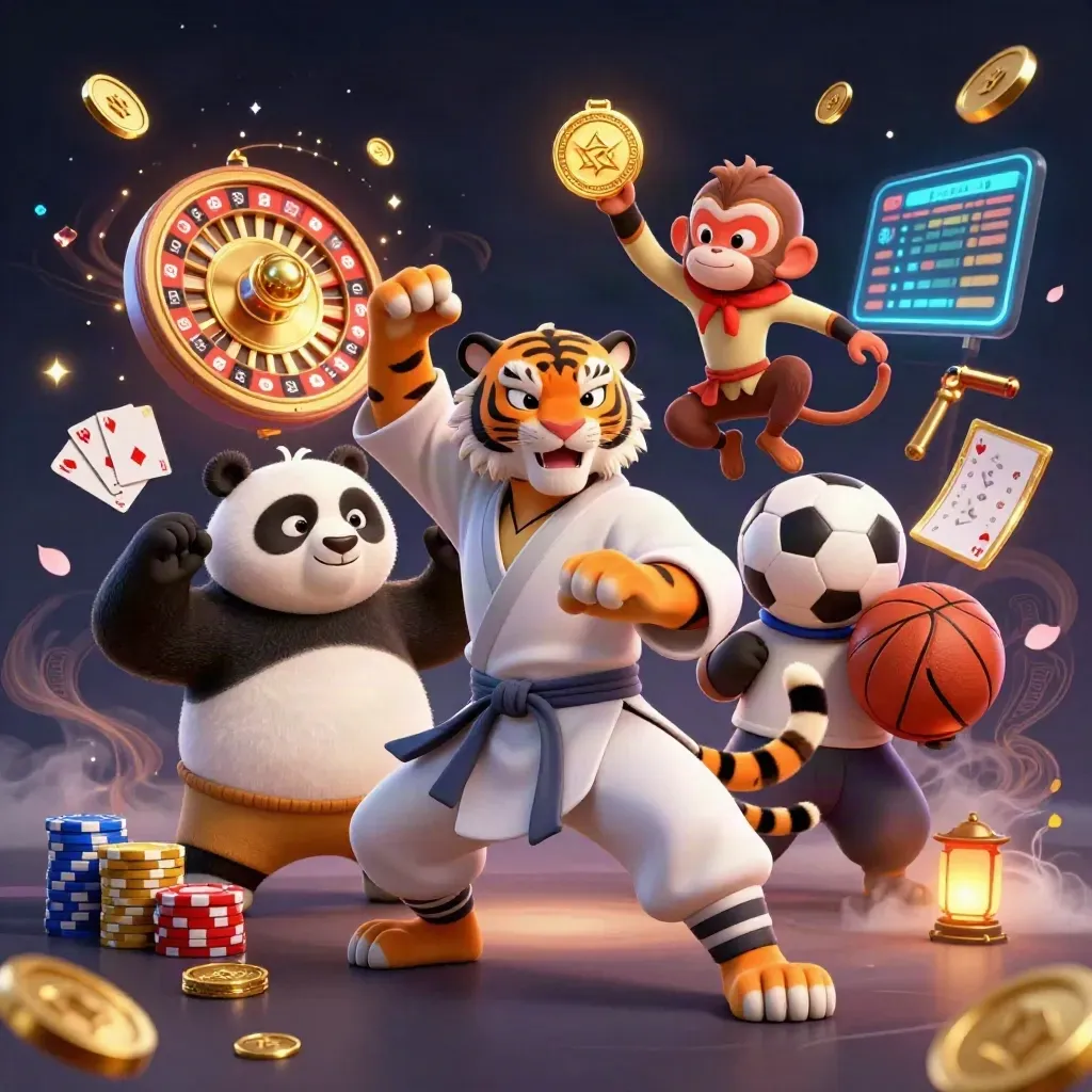 Tiger, Panda und Affe feiern im Casinoglanz mit Münzen, Karten und goldener Beute.