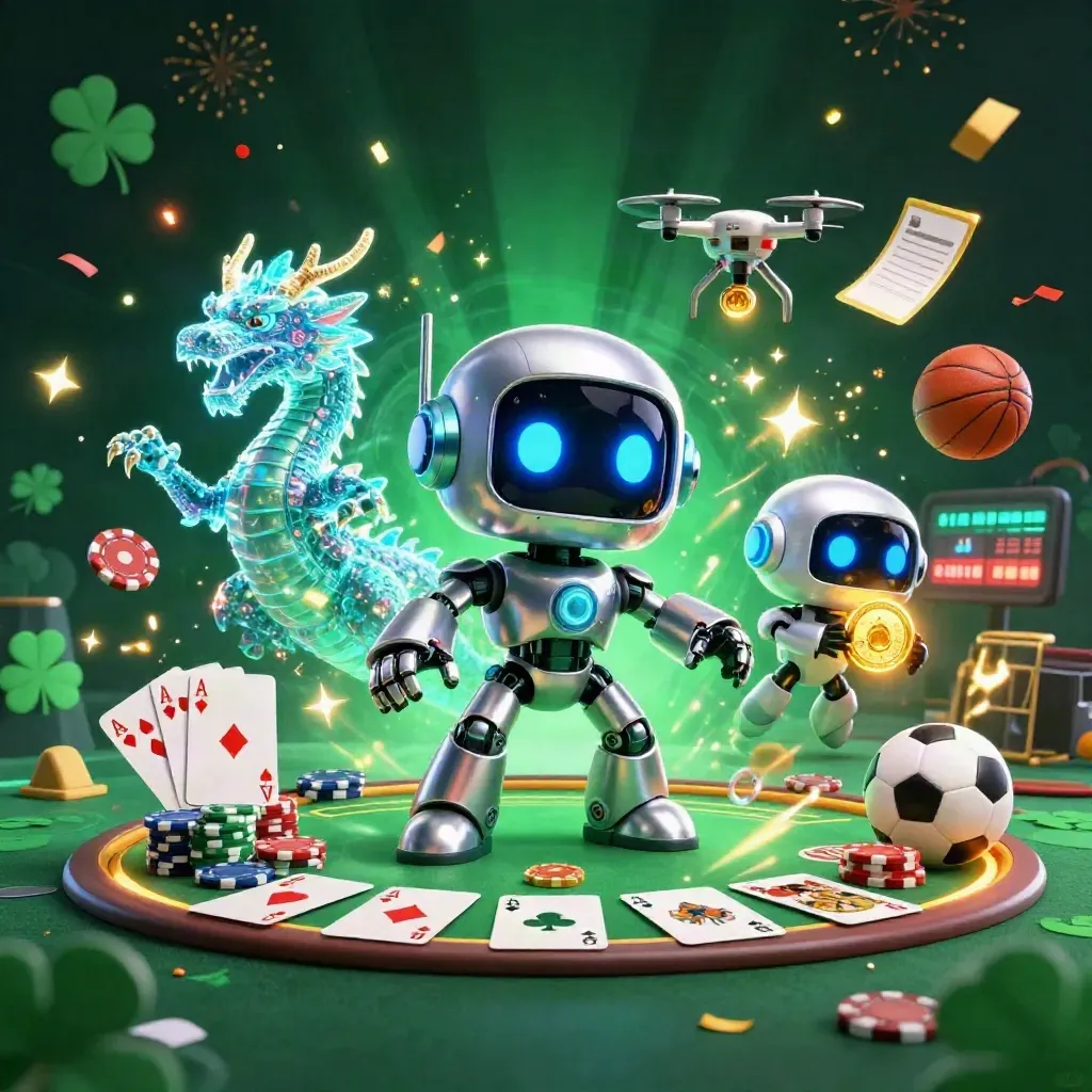 Cyberpunk-Roboter, Hologramm-Drache und Drohne über Pokertisch mit Goldlicht.