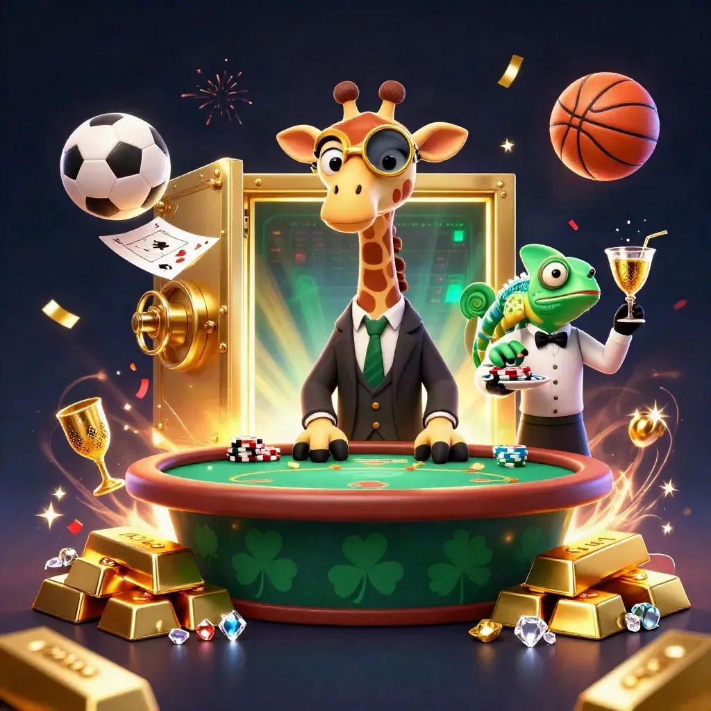 Drei Tier-Charaktere im Casino mit Gold, Ball und Lichtblitz, dramatisch und luxuriös.