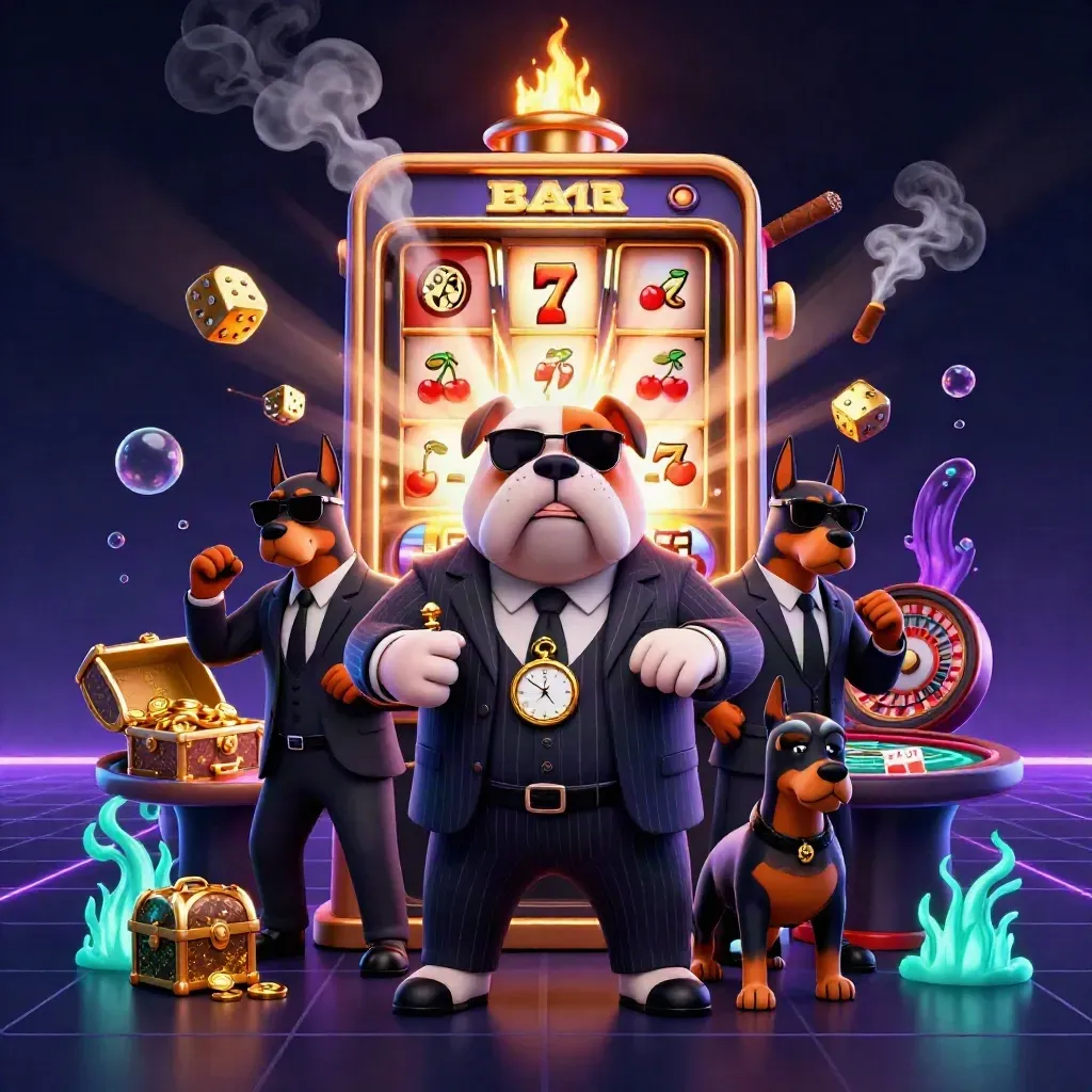 Bulldog-Mafiaboss und Dobermänner in Luxus-Casino, mit Slotmaschine, Gold und dramatischem Licht.