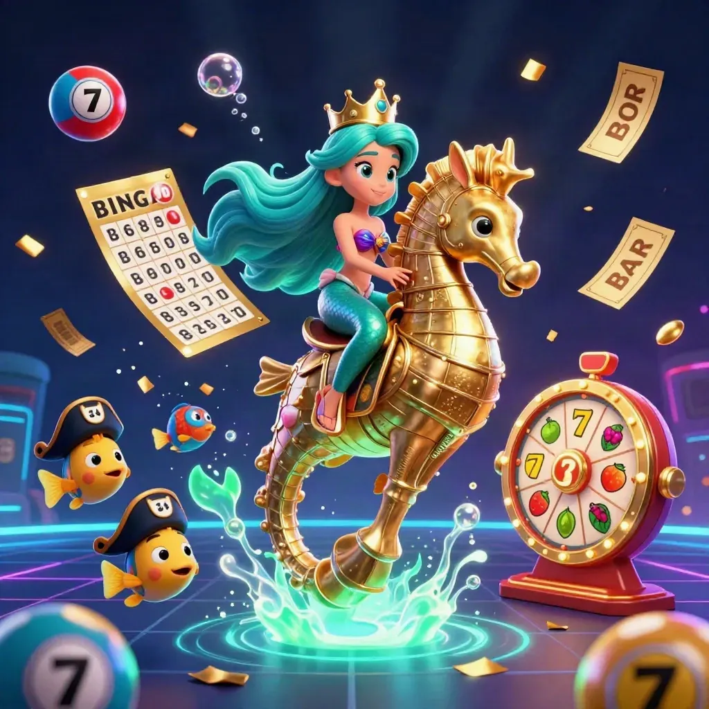 Meerjungfrauenprinzessin auf Seepferd mit Piratenfischen und Casino-Glückssymbolen.