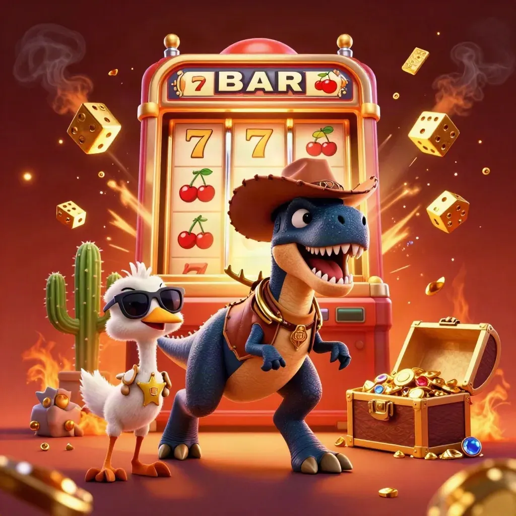 Cowboy-T-Rex, Kaktus und Roadrunner zwischen Slotmaschine, Gold und Funken in dunklem Casino-Look.