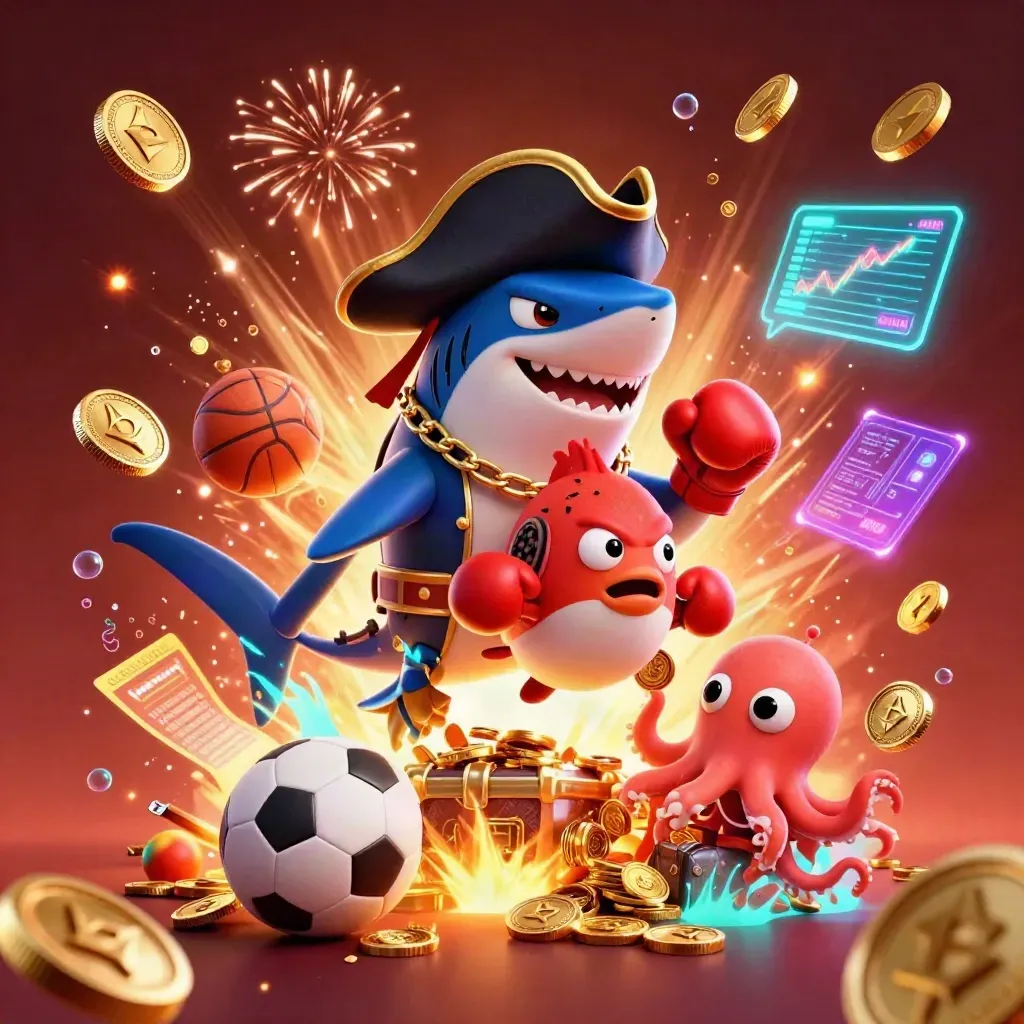 Piratenhai, Pufferfisch und Oktopus feiern mit Goldmünzen und Sportwetten-Elementen.