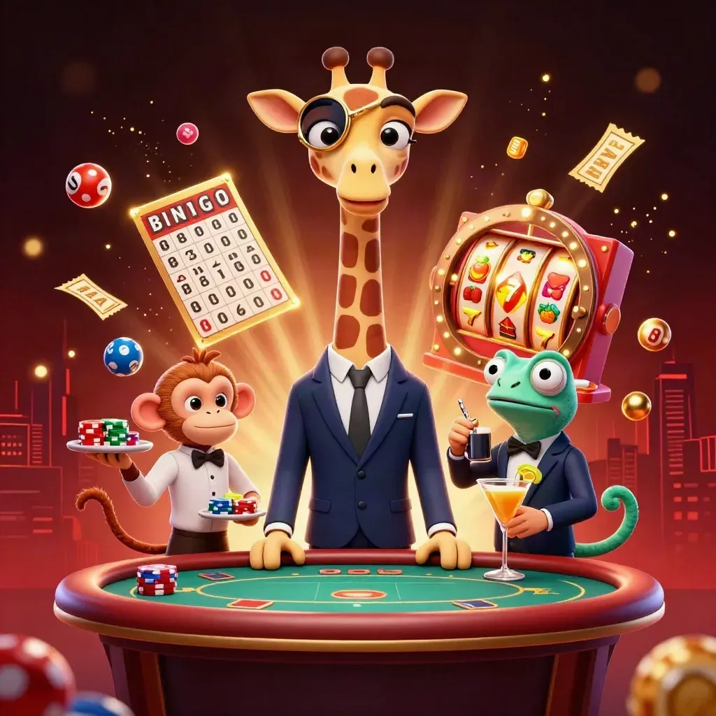 Giraffe, Affe und Chamäleon am Pokertisch mit Lotterieeffekten und goldenen Symbolen.