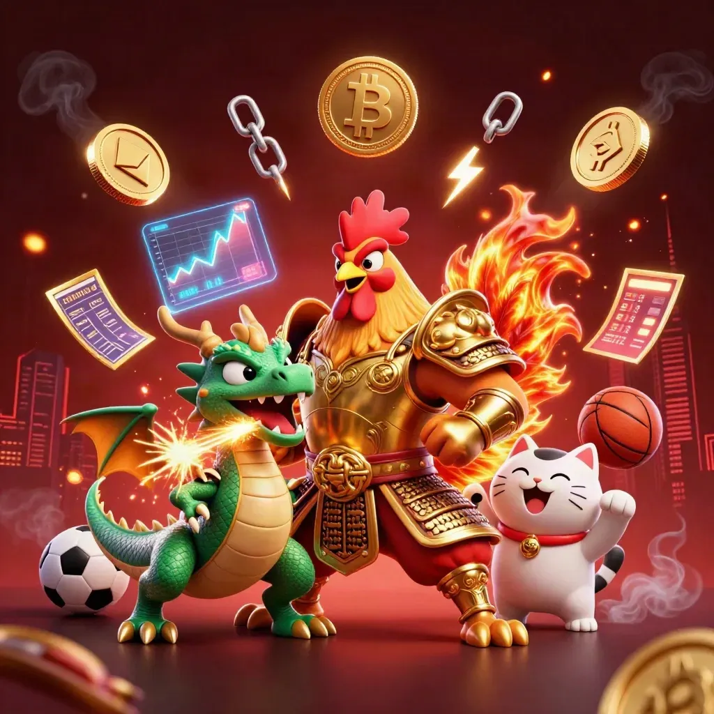 3D-Hahnkrieger, Drachenbaby und Glückskatze mit Coins, Blitzen, Ball und Scoreboard.