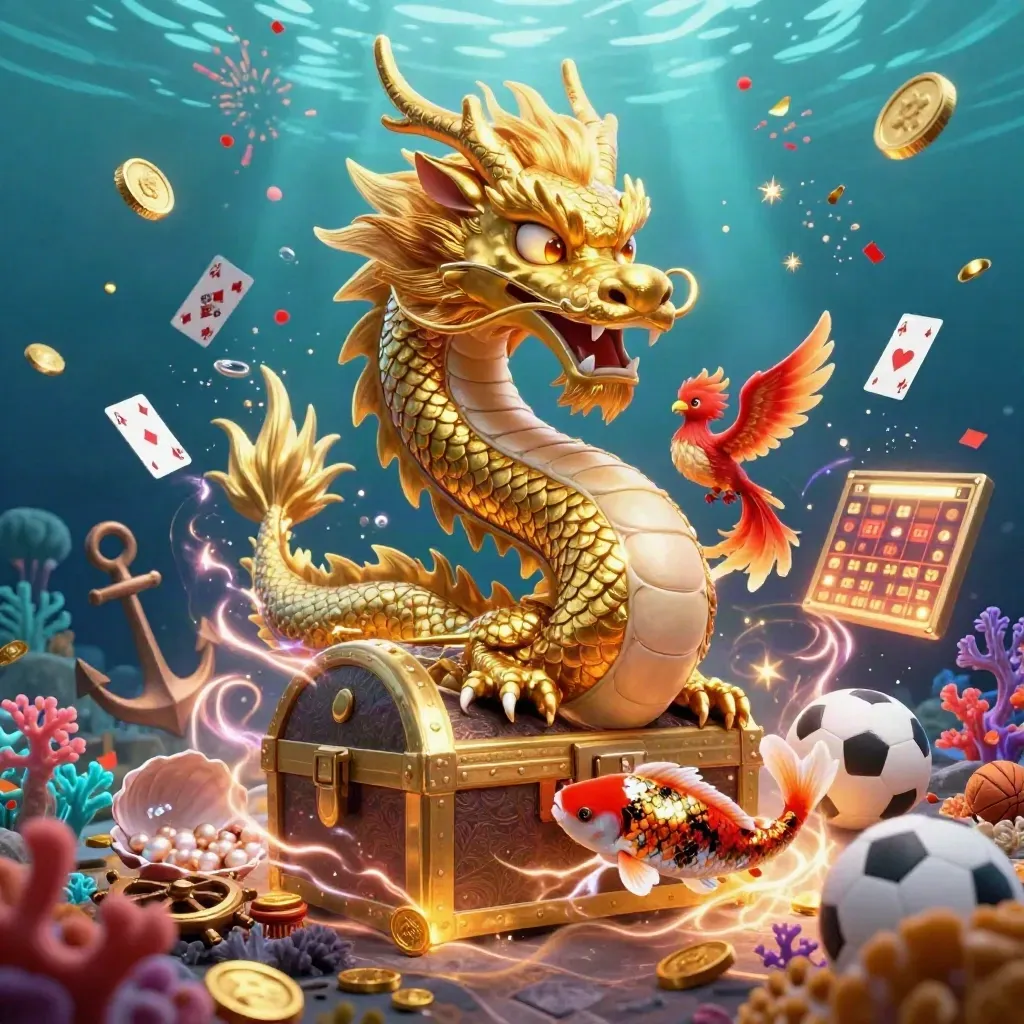 Goldener Drache mit Phönix, Koi und Schatztruhe in einer Unterwasserhöhle.